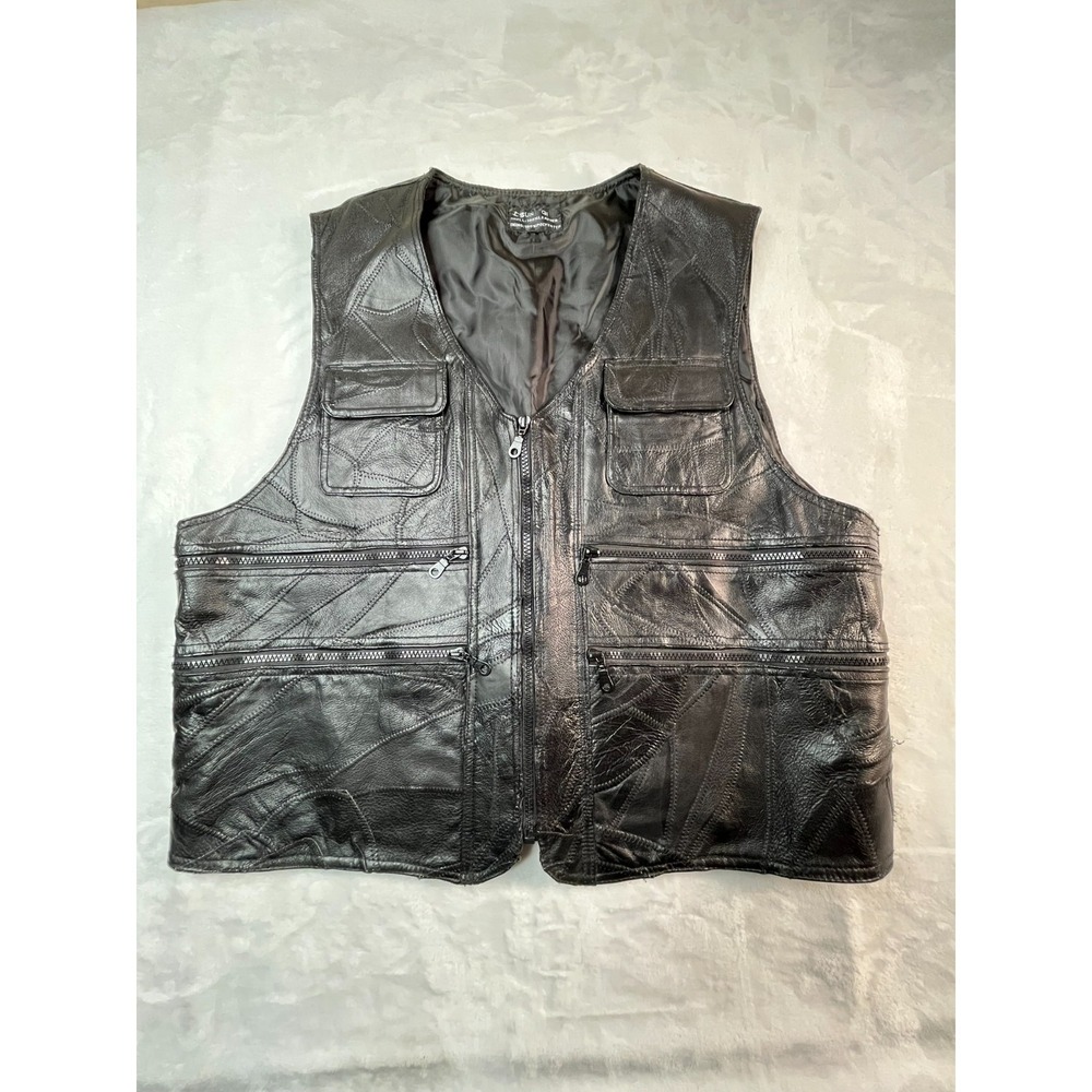 SUN QI Mens XL Vest Black Leather‎ Patchwork Zip Front Pockets Lined